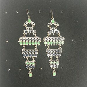 Bohemian Style Silver Chandelier Earrings With Green and Black Stones.